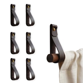 Keyaiira 6PK Genuine Leather Sustainably Sourced The Original Wall Strap - Decorative Curtain Rod Holder Bracket Wall Mount Hanging Display Loop, oars, Blankets, Macrame (Chocolate, Brass Screws)