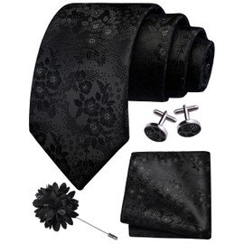 Gusleson Black Tie for Men Wedding Silk Floral Necktie Pocket Square Cufflinks and Lapel Pin Brooch Set (UK6107-38)