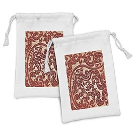 Ambesonne Antique Fabric Pouch Set of 2, Thai Culture Vector Abstract Background Flower Pattern Design Artwork Illustration Print, Small Drawstring Bag for Toiletries Masks and Favors, 9" x 6", Ruby