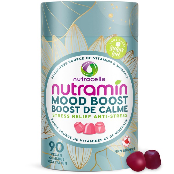 NUTRAMIN Mood Boost Stress Relief Multivitamin Gummy - Sugar-Free, Vegan, Plant-Based Adaptogen Supplement with Ashwagandha, B12 Vitamin & Magnesium Gummies for Adults - Delicious Strawberry -90 Count