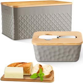 Yaocom 2 Pcs Bread Box and Butter Dish with Bamboo Cutting Board Lid, Large Metal Bread Storage Container for Kitchen Farmhouse Airtight Ceramic Butter Holder with Stainless Steel Knife (Grey)