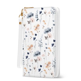 Flower Womens Wallet, RFID Blocking Wallets for Women, Ladies Purse with Zip Around Credit Card Holder and 10 Card Slots & ID Window, Travel Large Capacity Women's Clutch Wallet Hand Strap White