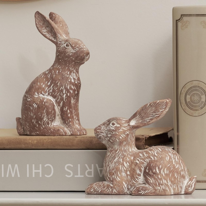 Set of 2 Easter Bunny Figures Made of Resin, Brown