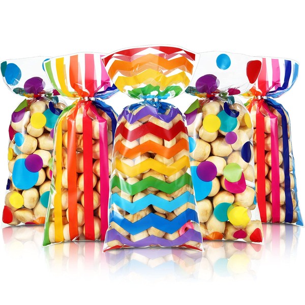105 Pieces Rainbow Cellophane Treat Bags, Polka Dot Stripes Printed Pattern Goodie Candy Favor Bags with Twist Ties for Pride Day Kids School Lunches Baby Shower Birthday Party Supplies