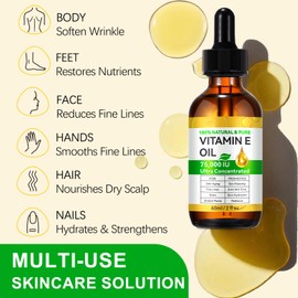 Vitamin E Oil, Body Oil Blend 75,000 IU Boost Skin Collagen, Hydrate and Plump Skin, Reduce Fine Lines and Scars, 2 Fl Oz