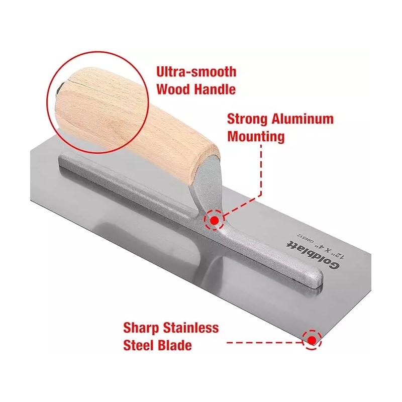 Goldblatt - G06512 Wood-Handle Finishing Trowel 12 in. x 4