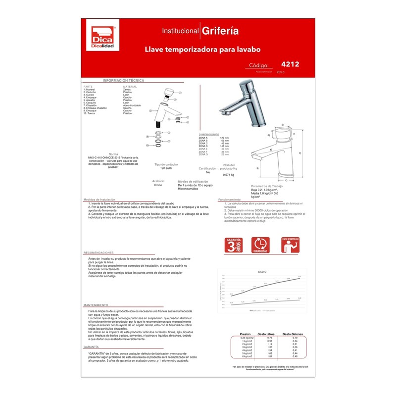DICA 4212 Llave Individual Temporizadora para Lavabo, Cromo