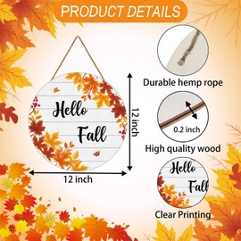 Fall Door Decor Maple Leaf Hanging Sign Wall Decor Hello Fall Sign Wooden Front Door Hanger for Autumn Harvest Farmhouse Porch Indoor Outdoor Home Decorations