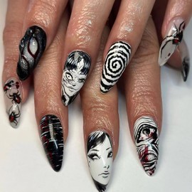 24Pcs Almond Press on Nails Medium Fake Nails Gothic Cartoon Anime Design Black White Full Cover Acrylic False Nails Glue on Nails Punk Glossy Reusable Design DIY Nails for Women Manicure Nails Art