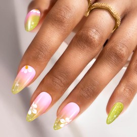 Swooflia Medium Almond Press On Flase Nails French Tip – Chartreuse Bling Flower Fake Nail Glue Stick On Acrylic Artificial Fingernails for Women, 24 PCS Handmade Manicure Art Nails with Stickers Glue