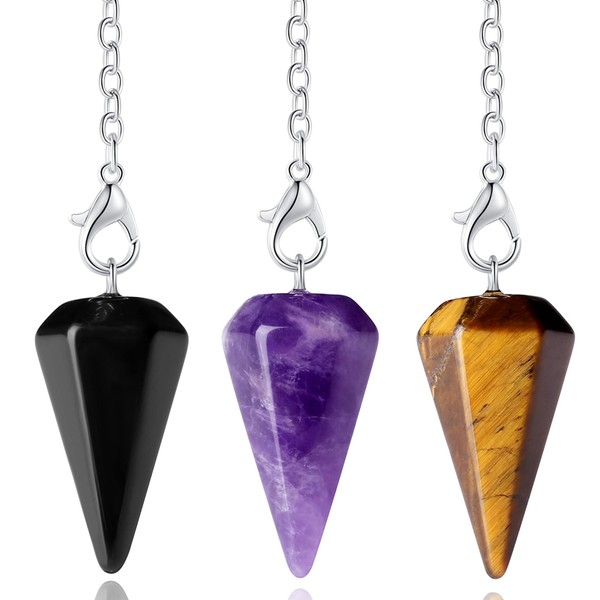 MAIBAOTA 3 Pcs Pendulum Crystals for Witchcraft Pointed Crystal Pendulum for Divination Tools Amethyst Obsidian Tiger Eye Dowsing Pendulum