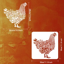 FINGERINSPIRE Chicken Stencil 30 x 30 cm Rooster with Flowers Grass Drawing Template Hen Rooster Farmhouse Stencil Plastic PET Painting Stencil for Home Farm Furniture Wall Floor Decoration