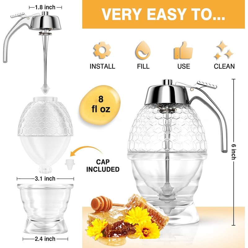 Honey Dispenser No Drip Glass 8 oz with Plastic Top,