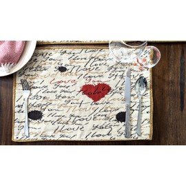 Tache Valentine - Juego de 4 manteles individuales con diseño de corazón, romántico, cursivo, escrito a mano, corazones de San Valentín, beige, clásico, granja, tela, cocina, comedor, mesa, mantel, mantel, mantel, mantel, mantel, juego de 4