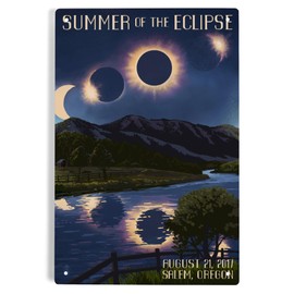 Lantern Press 6x9 Inch Metal Sign, Salem, Oregon, Solar Eclipse 2017, Summer of the Eclipse