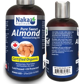 Naka Platinum Pure Sweet Almond Moisturizing Oil Certified Organic Cold Pressed UV Protected, Moisturizes, Nourishes and Softens Dry Skin Bonus Size 270 ml (200+70 Free)