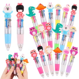 LOMIMOS 18pcs Mini Multicolor 4-in-1 Pens, Cute Ballpoint Pens Bulk Cartoon Retractable Writing Pen for Birthday Party Office School Supplies End of Year Student Gifts
