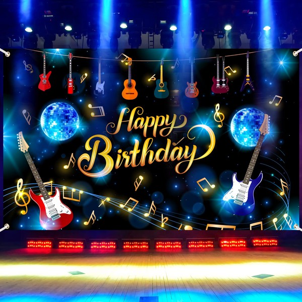 Music Note Birthday Decoration Banner, Musical Note Guitar Happy Birthday Backdrop Rock and Roll Party Decorations Banner Music Karaoke Themed for Boys Girls Adults Birthday Photography Background