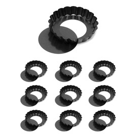 QWORK Pack of 10 Tart Moulds, Diameter 10 cm with Lifting Base, Mini Tartelette Moulds, Quiche Mould Made of Food-Grade Carbon Steel with Non-Stick Coating