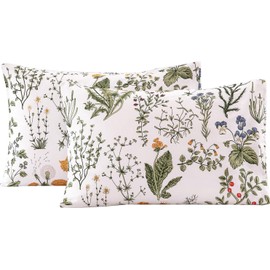 ECOCOTT Pillowcase 2 Pack Standard Size - Green Botanical Floral Pillow Cases, 100% Washed Cotton Pillow Cover with Envelope Closure (Standard, 20"x26")
