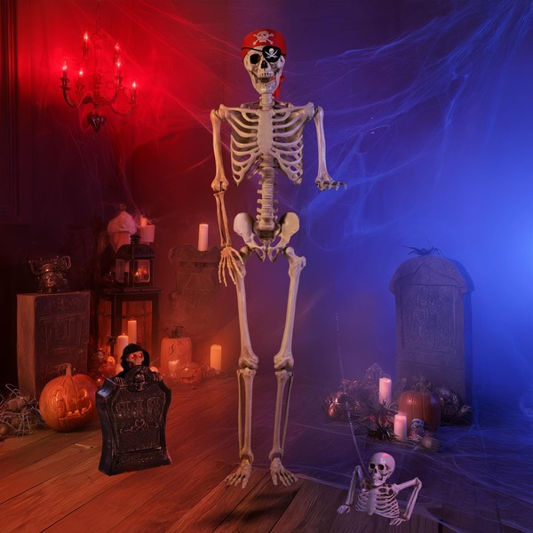 AW 5.4 Ft Pirate Skeleton with 15" Animated Halloween Tombstone