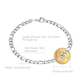 flintronic Figaro Bracelet, Stainless Steel Bracelet, 3+1 Link Curb Chain Bracelet for Men and Women, Hypoallergenic Jewellery, 21 cm Length/6 mm Width, Chain Bracelet Bangle - Gold/Silver, Nickel