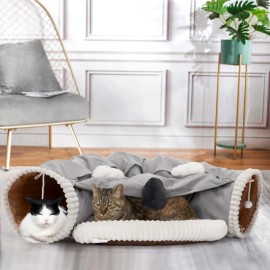 Collapsible Cat Tunnel Bed for Indoor Cats, Washable Cat Hide Tunnel with Hanging Toys and Cushion Mat, Graycolor: GARY