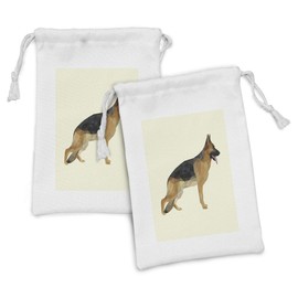 Lunarable German Shepherd Fabric Pouch Set of 2, Alsatian Dog in Triangulation Technique Polygonal, Small Drawstring Bag for Toiletries Masks and Favors, 9" x 6", Pale Yellow Pale Brown