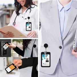 Retractable Badge Holder with Carabiner Reel Clip and Keychain, Multiple Pattern Options, Cute and Fashionable (Black C)