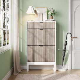 dainslef Shoe Storage Organizer with 2 Flip Drawers & 1 Small Drawer, Hidden Shoe Rack Cabinet, Freestanding Organizer, Slim Entryway Wooden Shoe Cabinet with Fluted Doors, White+Grey