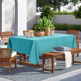 LUSHVIDA Outdoor Tablecloth with Umbrella Hole - Patio Table Cloth Zippered Rectangle 60x120 Inch, Teal Faux Linen Table Cover Water Resistant for Picnic Outside