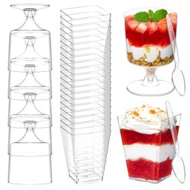 100 Pack 5oz Square and Goblet Plastic Dessert Cups with Spoons, Mini Parfait Cups Dessert Shooter Cups for Party Serving Banana Pudding, Yogurt, Fruit, Jello, Appetizer