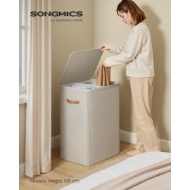 SONGMICS Laundry Basket, 44.9 Gal. Laundry Hamper, 2 Compartments, Easy Assembly, with Lid and Handles, Removable Liners, 22 x 15.7 x 29.5 Inches, Cappuccino Beige ULCB813L01