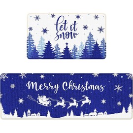 Merry Christmas Kitchen Rugs Set of 2, Blue Snowflake Kitchen Mat Reindeer Let It Snow Decorations Xmas Winter Holiday Floor Mat, Christmas Decor for Indoor Outdoor Home Kitchen–17x28 and 17x47 Inch