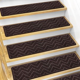 DK177 Stair Treads for Wooden Steps, 15 Pack 8"x30" Non-Slip Indoor Carpet Stair Treads with Reusable Polyester TPE Backing for Kids Elders and Pets (Brown, 15PCS)