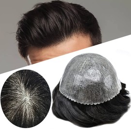 PU Skin Toupee For Men European Human Hair System For Men Poly Durable Male Hair Prosthesis Mens Toupee Gray Hairpieces For Men Natural Looking Para Hombre Cabello Humano (8"x10", #1 JET BLACK-110% Light medium to medium density)
