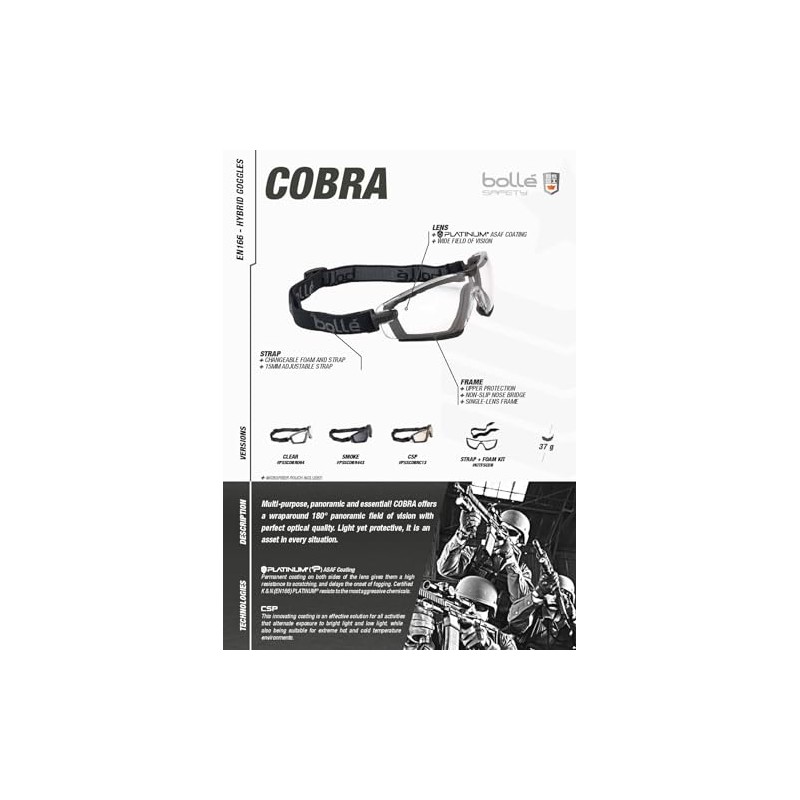 Bolle Tactical CHRONOSOFT Safety Goggle Safety PC Clear