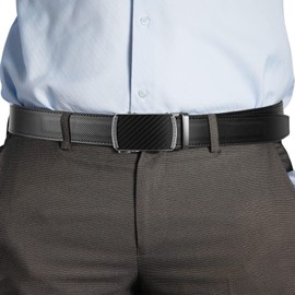 SKiporty Mens Belt Leather with Automatic Buckle Adjustable Ratchet Belts for Men Dress Casual Jeans Trim to Fit,42" to 48",A-Black