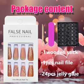 Valentines Press on Nails Long Square Nude Fake Nails Shiny Heart Rhinestones Glitter Coffin Glue on Nails Glossy Full Cover False Nails Luxury Ballerina Stick on Nails for Women Girls 24pcs