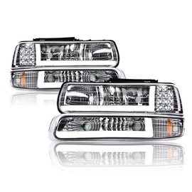 CNNELL LED Headlights Assembly Compatible with Chevy Silverado 1999-2002/ Suburban Tahoe 2000-2006, Clear Lens Chrome Housing Amber Reflector, Left+Right