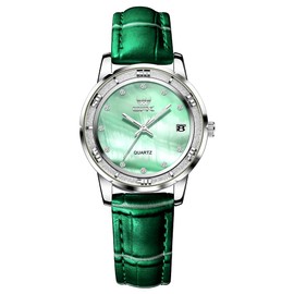 Ladies Analog Watch with Shell Face, Calendar, Stylish Embossed Leather Belt, Quartz Clock, Classic for Commuting, green, Retro