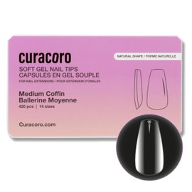 Curacoro Natural Nail Soft Gel Tips - 420Pcs Extension Tips, 14 Sizes Clear Full Cover Acrylic Gel Tip, Long-Lasting Salon Quality, Easy to Wear & Natural Look (Coffin, Medium)