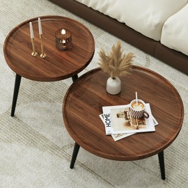 Semjar 2 Pcs Mid Century Modern Coffee Table Round for Living Room,Easy Assembly Nesting Coffee Tables,Minimalist Circle Walnut Coffee Table for Bedroom Office Balcony Yard