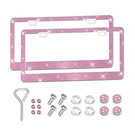 FALVFUN Bling Car License Plate Frame, 2PCS Crystal Sparkly Rhinestone Stainless Steel Vehicle License Plate Holder for Women Girl, Diamond Automotive Exterior Accessories, Universal Fit (Pink)