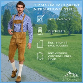 Bavarian Knee-Length Lederhosen for Men - Designed in Germany - Genuine Leather Pants with H-Style Suspenders, Color: Light Brown, US Size: 40
