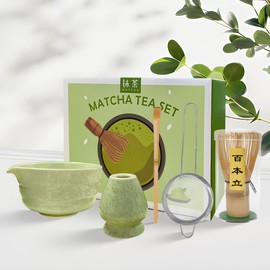 5 in 1 Japanese Matcha Set, Matcha Bowl with Spout, Matcha Whisk Holder, Bamboo Matcha Whisk and Bamboo Scoop, 16 oz Mottled Tea Green Glaze Ceramic Matcha Kit for Tea Lovers (Matcha)