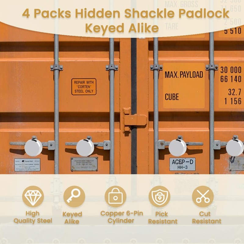 4 Pack Hidden Shackle Padlock Keyed Alike Heavy Duty Trailer