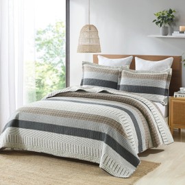 Uniclinens 100% Cotton Quilt Set Queen Size, Patchwork Queen Quilt Bedding Set Bedspreads, Farmhouse Striped Coverlet, Lightweight Comforter Reversible Quilt, White/Brown/Gray All Season, 3-Piece