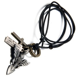 Cupimatch Men's Angel Wings Cross Alloy Pendant with 55 cm Chain Army Style Leather Necklace for Men Women Black Silver Bronze, TPY2
