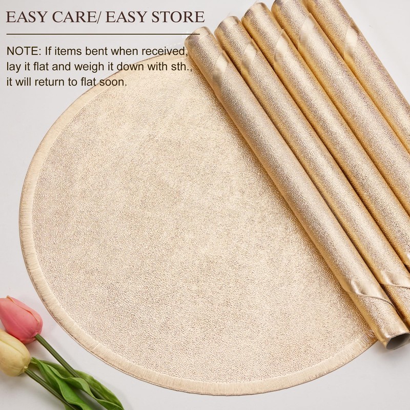 6pcs Gold Placemats for Round Table Metallic Pressed Vinyl Table
